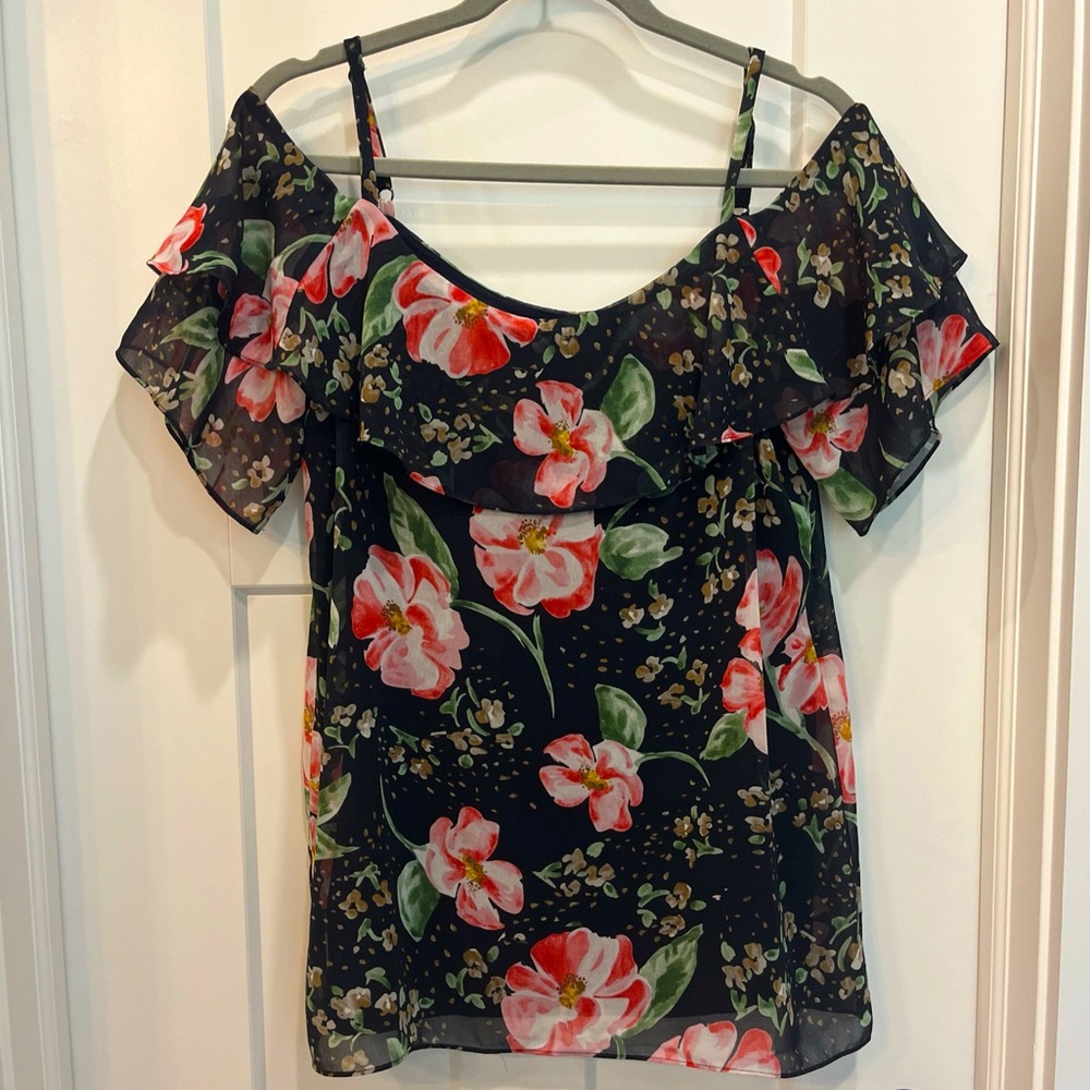 Cabi‎ #5220 Cold Shoulder Top Size Small Multicolor Fairytale Floral Fully Lined